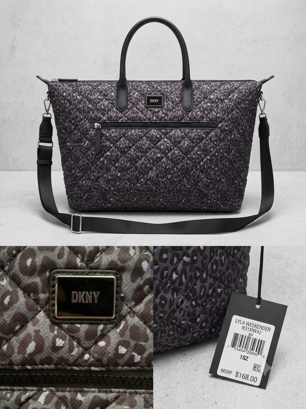DKNY Quilted Leopard-Print Weekender Bag in Charcoal
